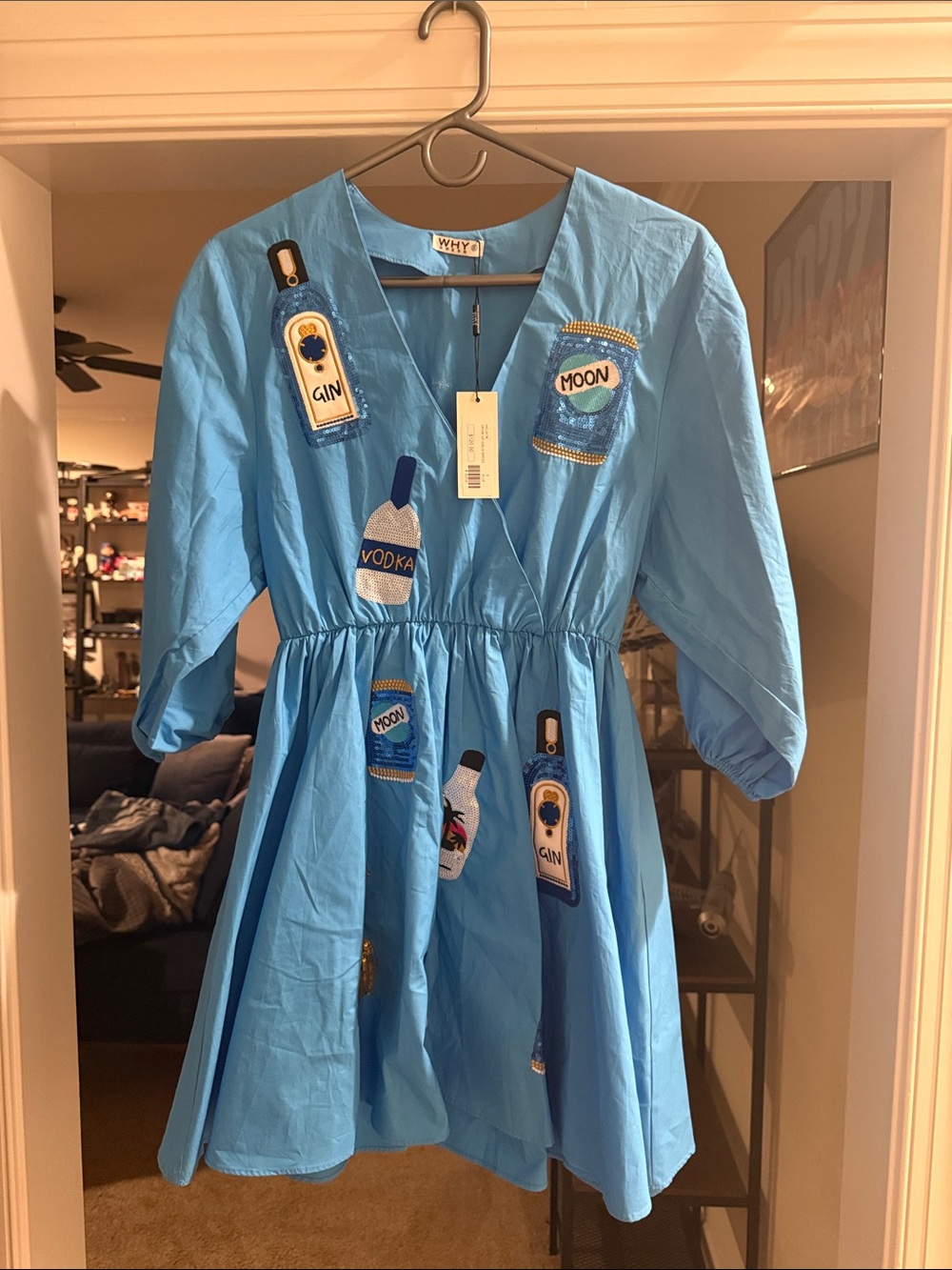 Bright Blue Embroidered Bottle-Accent Casual Dress